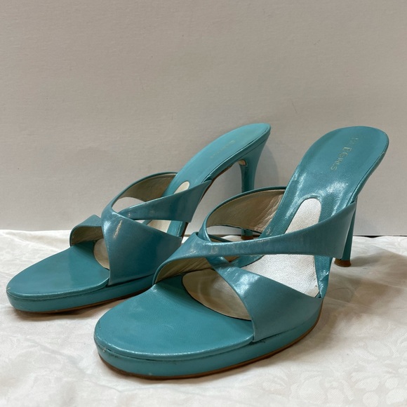 BCBG MaxAzria teal leather slip on open toe 4”heel - Picture 1 of 4